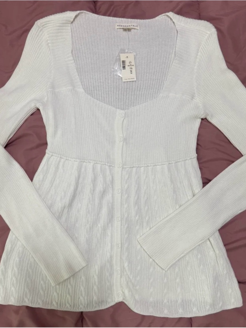 Aeropostale White Ribbed Knit Button-Front Babydoll Top